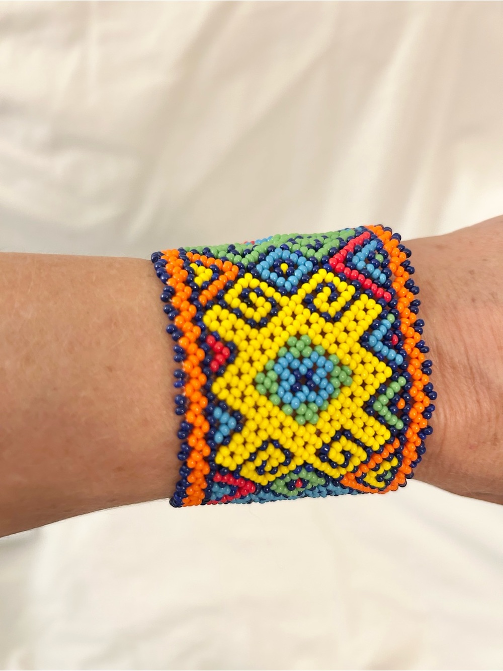 Handcrafted Glass-Beaded Geometric Cuff Bracelet in Vibrant Multicolor — Huichol